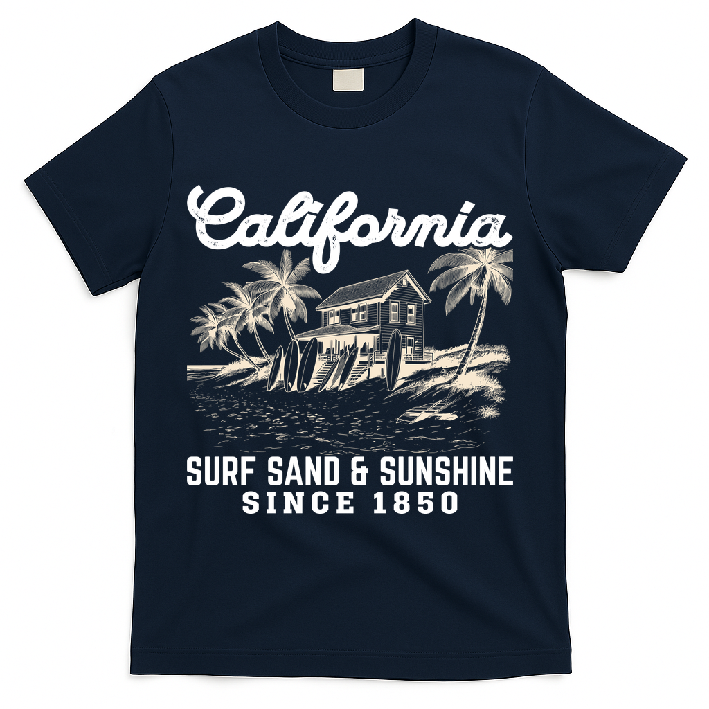 Vintage California Summer Beach Vibes Vacation T-Shirt - Navy