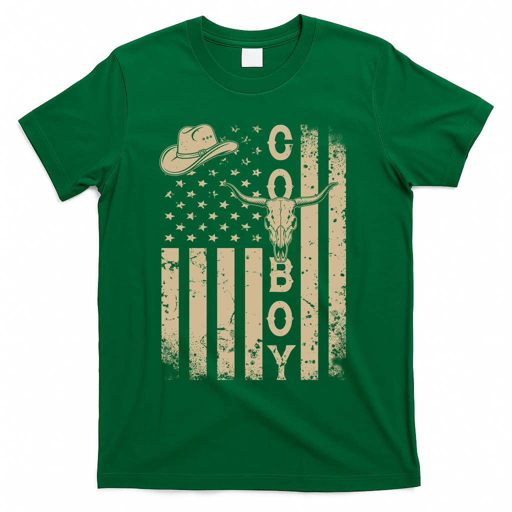 Vintage Distressed Cowboy American USA Flag T-Shirt - Green