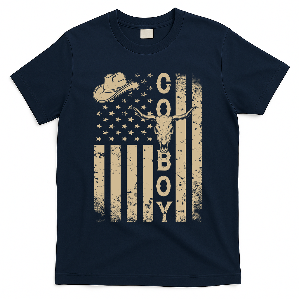 Vintage Distressed Cowboy American USA Flag T-Shirt - Navy