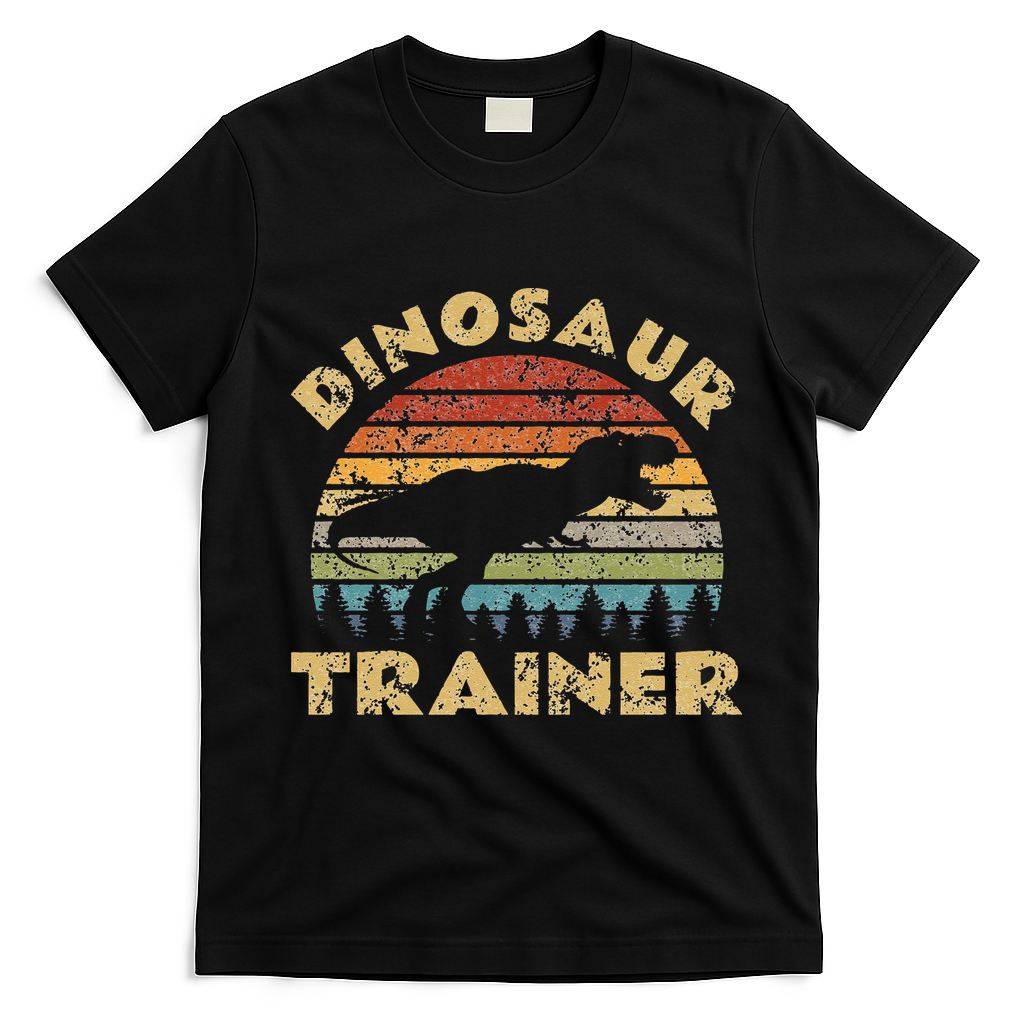 Vintage Dinosaur Trainer Halloween Costume Retro Sunset Dino T-Shirt - Black