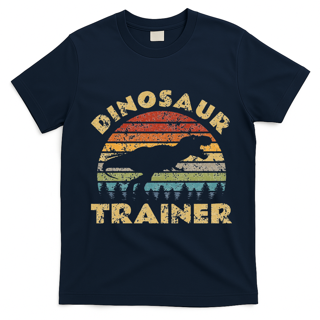 Vintage Dinosaur Trainer Halloween Costume Retro Sunset Dino T-Shirt - Navy Blue