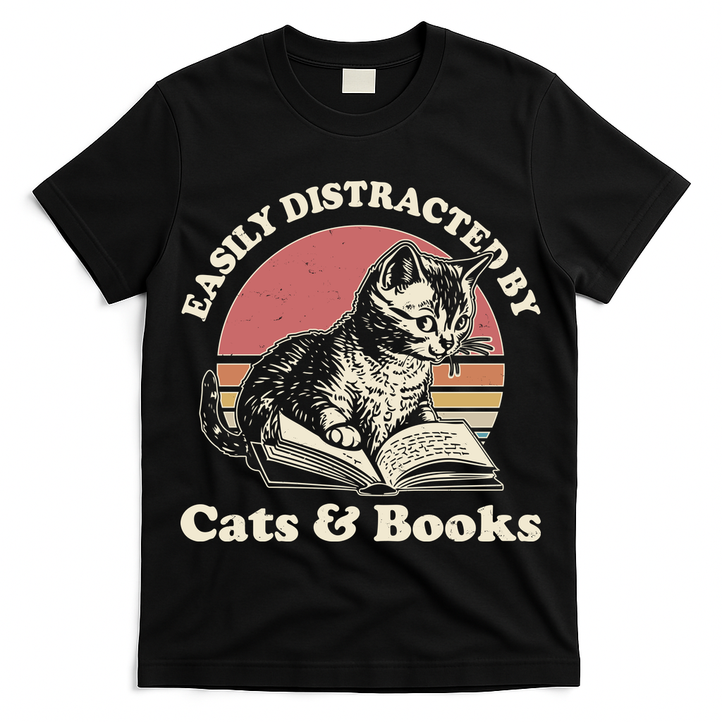 Vintage Easily Distracted By Cats And Books T-Shirt