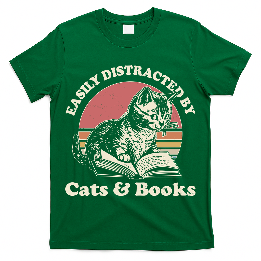 Vintage Easily Distracted By Cats And Books T-Shirt