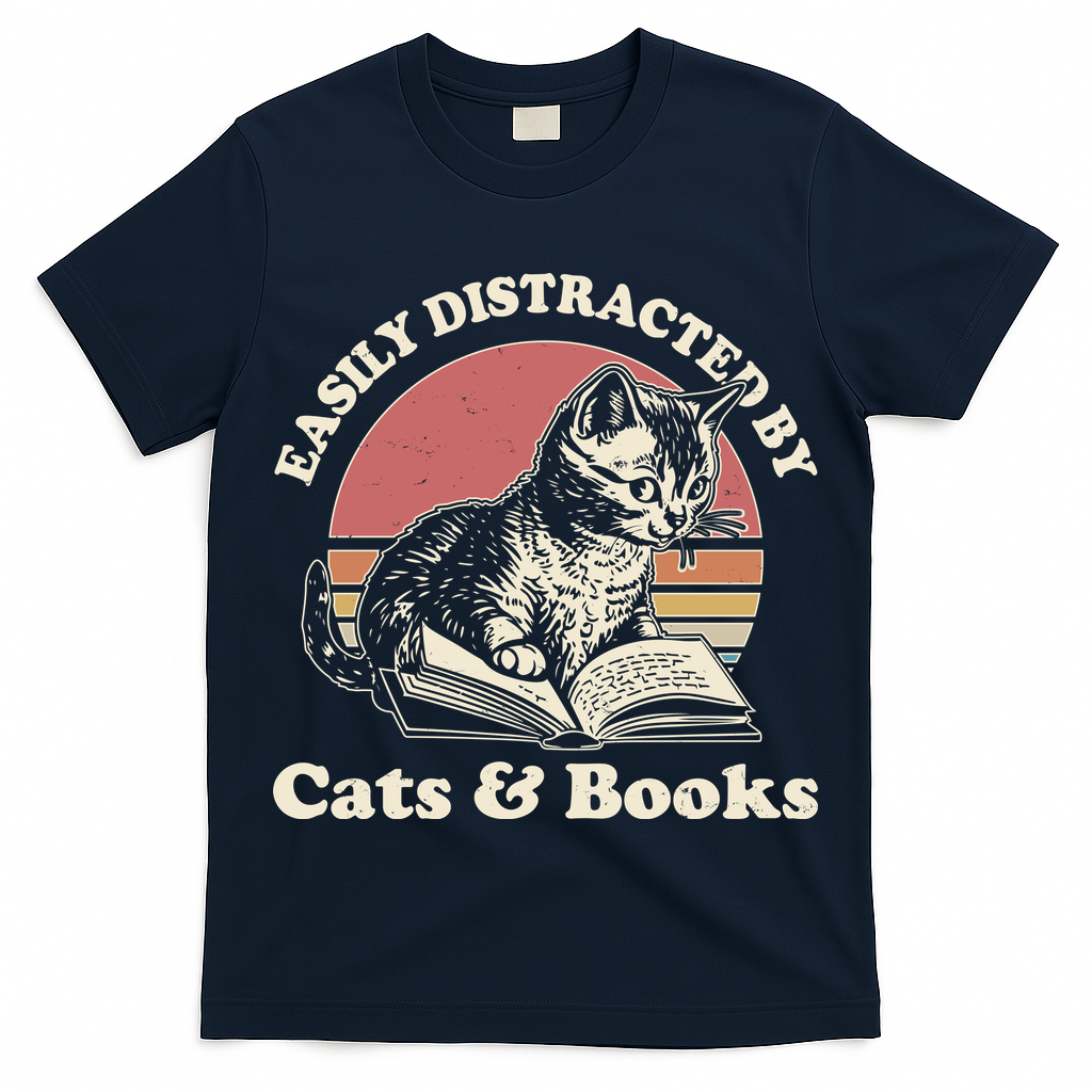 Vintage Easily Distracted By Cats And Books T-Shirt