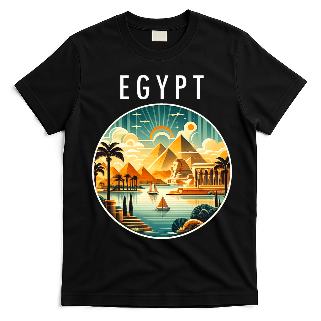 Vintage Egyptian Landscape Art Pyramids And Sun T-Shirt - Black