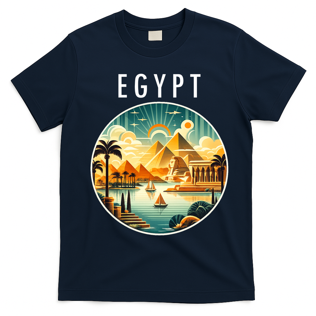 Vintage Egyptian Landscape Art Pyramids And Sun T-Shirt - Navy Blue