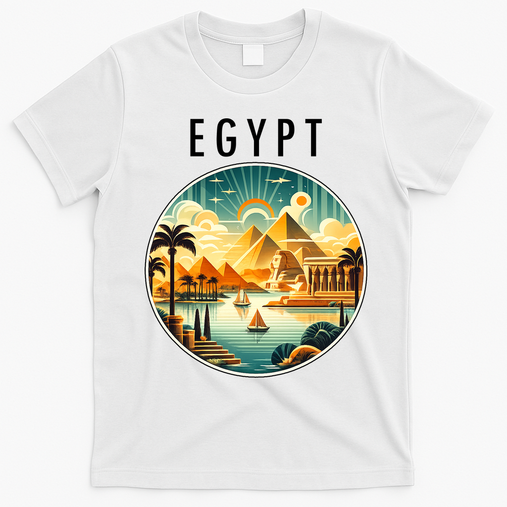 Vintage Egyptian Landscape Art Pyramids And Sun T-Shirt - White