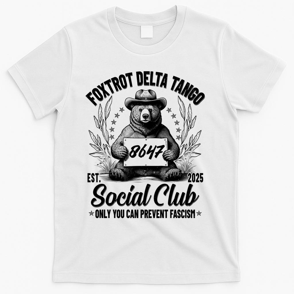 Vintage Foxtrot Delta Tango Social Club 8647 Ranger Bear T-Shirt - White