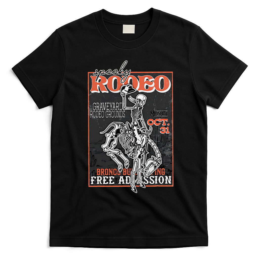 Vintage Funny Western Skeleton Halloween Cowboy Spooky Rodeo T-Shirt - Black