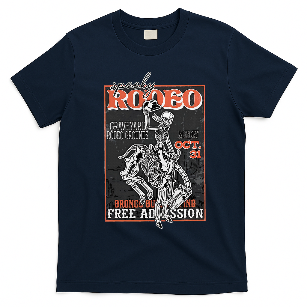 Vintage Funny Western Skeleton Halloween Cowboy Spooky Rodeo T-Shirt - Navy Blue