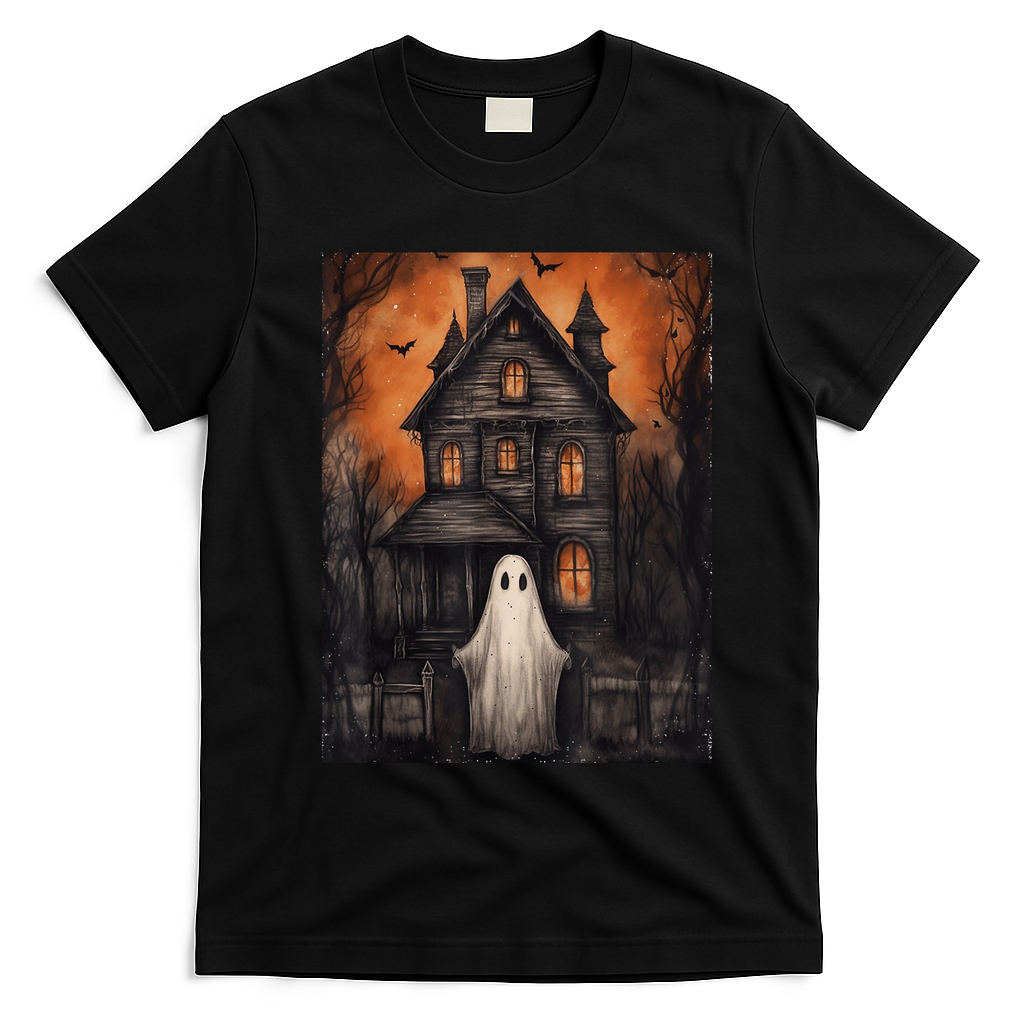 Vintage Ghost Haunted House Halloween Spooky T-Shirt - Black