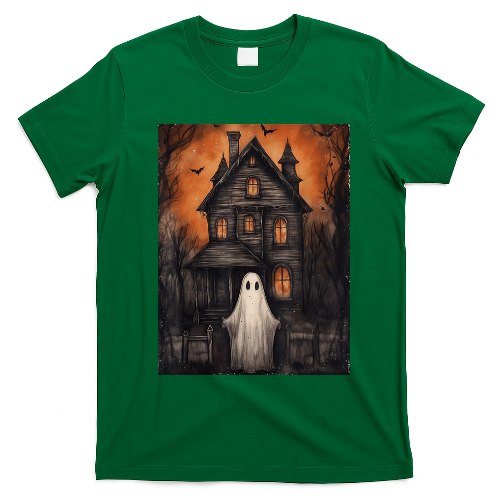 Vintage Ghost Haunted House Halloween Spooky T-Shirt - Irish Green
