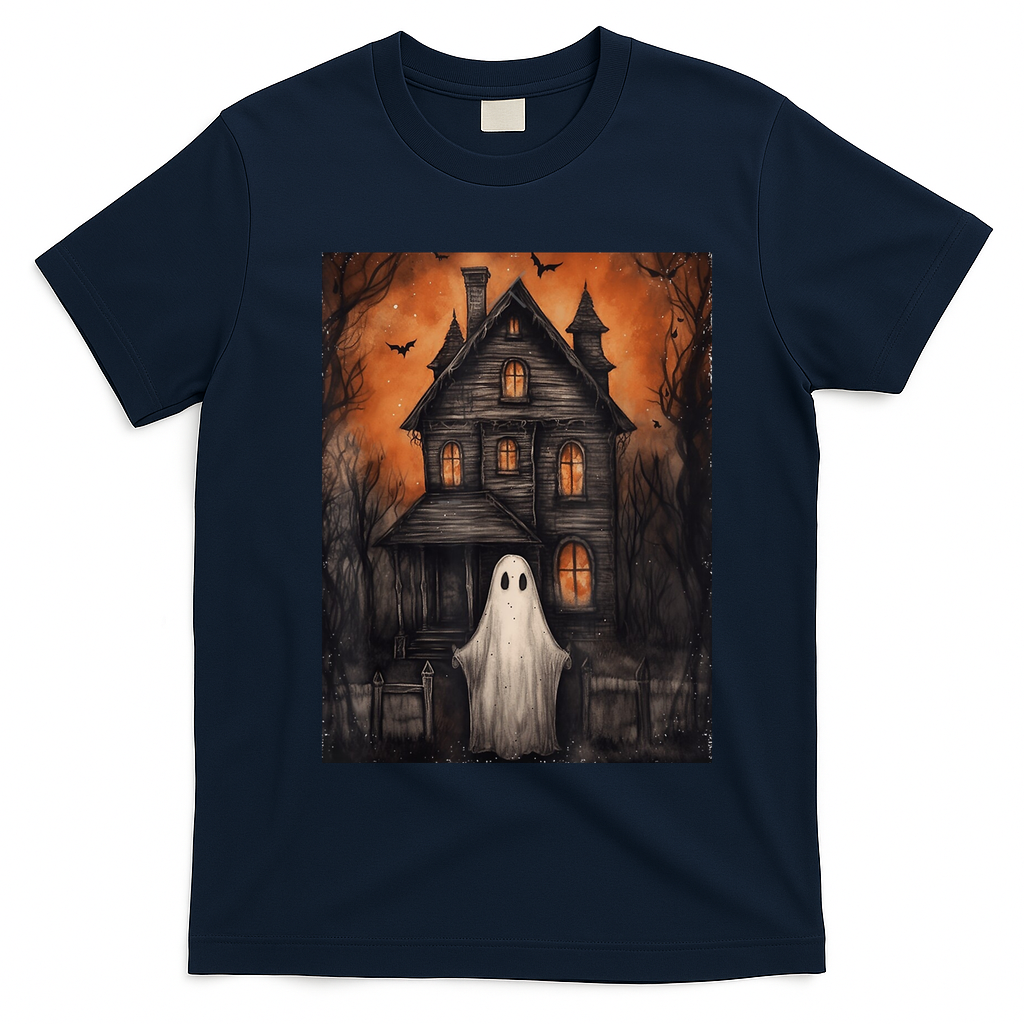 Vintage Ghost Haunted House Halloween Spooky T-Shirt - Navy Blue