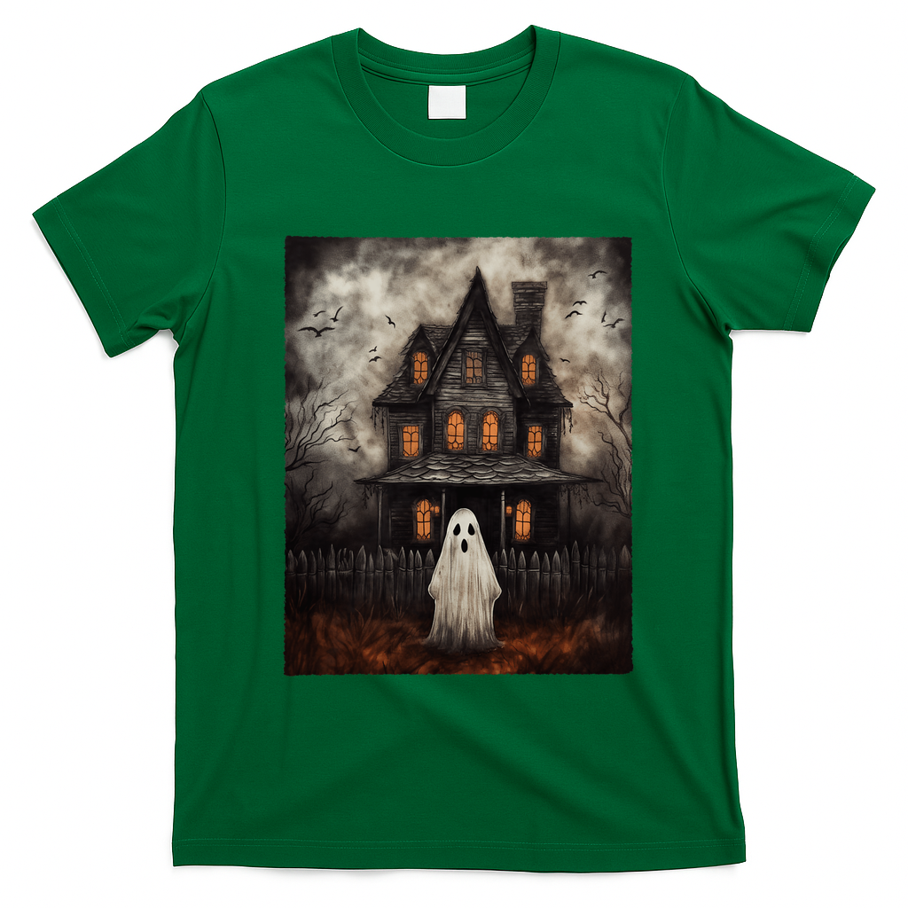 Vintage Ghost Haunted House Midnight Halloween Ghost Spooky T-Shirt - Irish Green