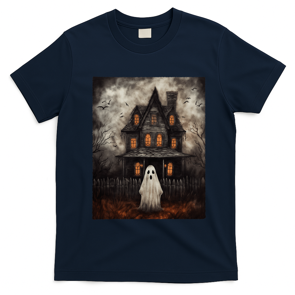 Vintage Ghost Haunted House Midnight Halloween Ghost Spooky T-Shirt - Navy Blue