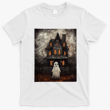 Vintage Ghost Haunted House Midnight Halloween Ghost Spooky T-Shirt - White