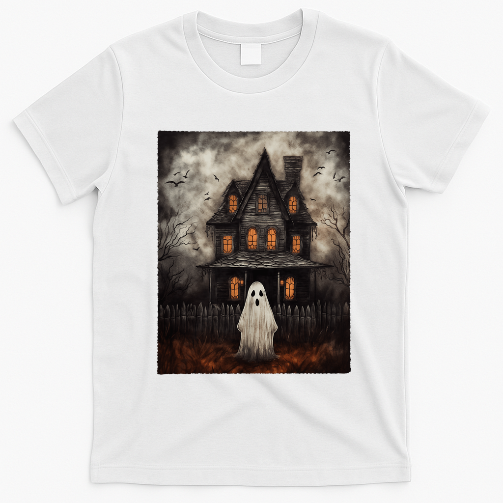Vintage Ghost Haunted House Midnight Halloween Ghost Spooky T-Shirt - White