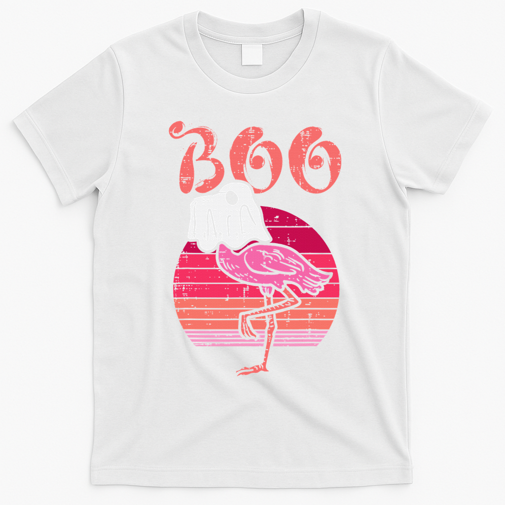 Vintage Halloween Flamingo Ghost Sunset Print T-Shirt - White