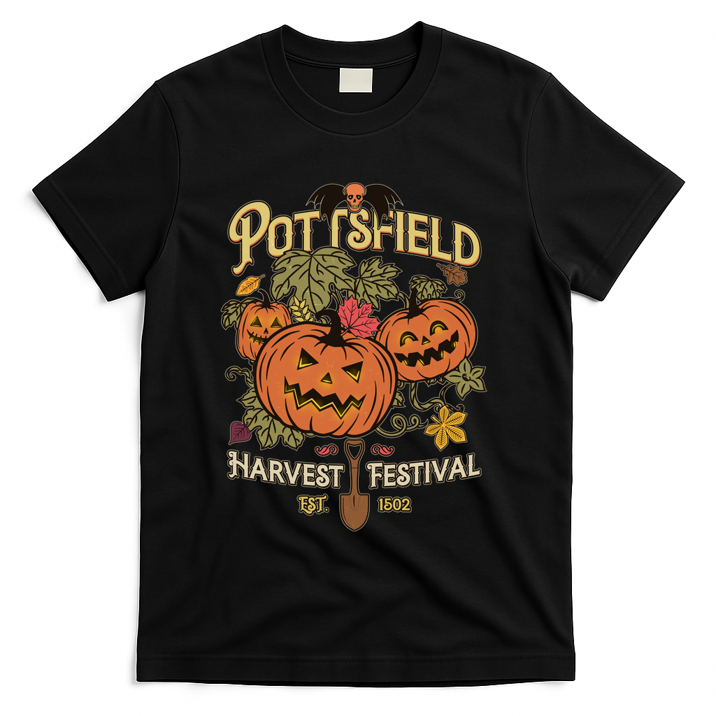 Vintage Halloween Pottsfield Harvest Festival EST 1502 T-Shirt - Black