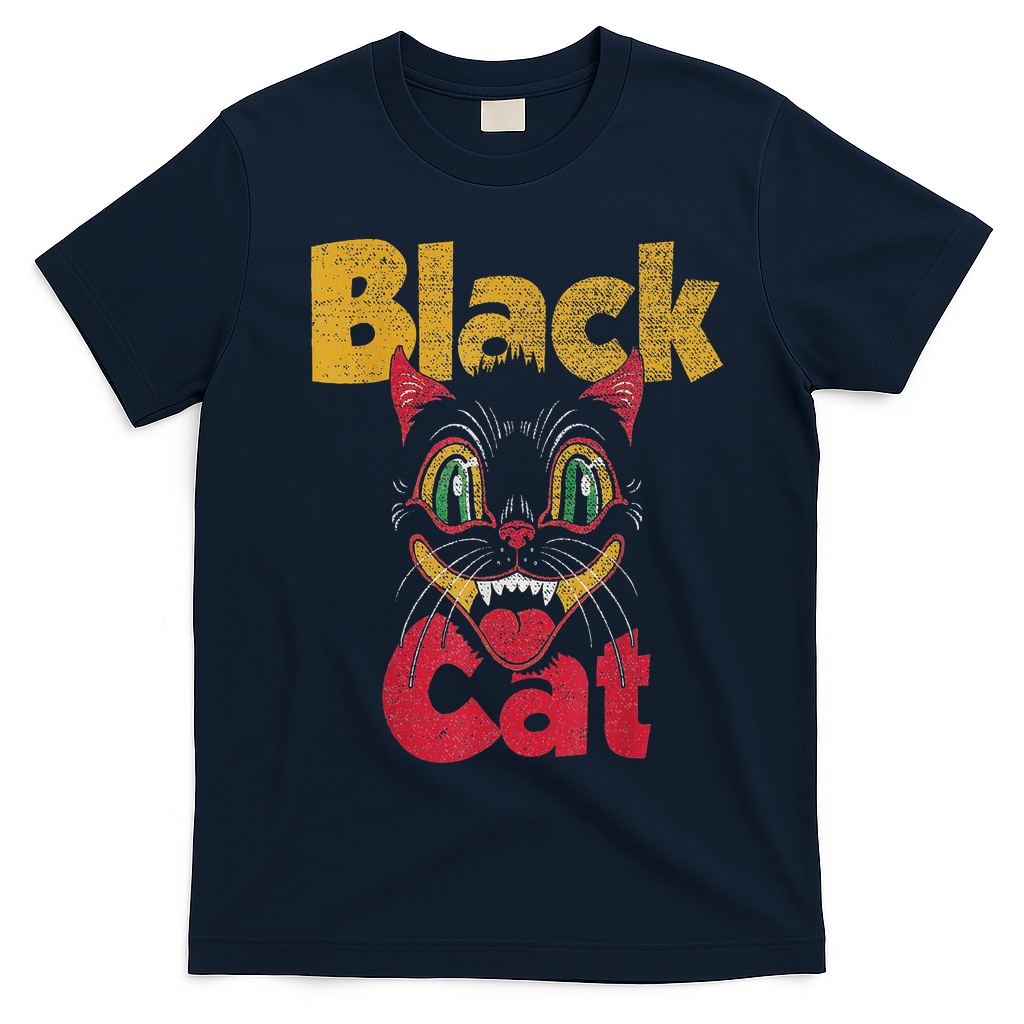 Vintage Halloween Retro Black Cat Retro Fireworks Women T-Shirt - Navy Blue