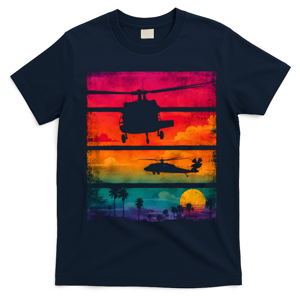 Vintage Helicopter Sunset Blackhawk T-Shirt - Navy Blue
