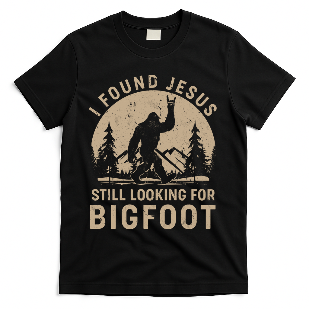 Vintage I Found Jesus Still Looking For Bigfoot T-Shirt - Black