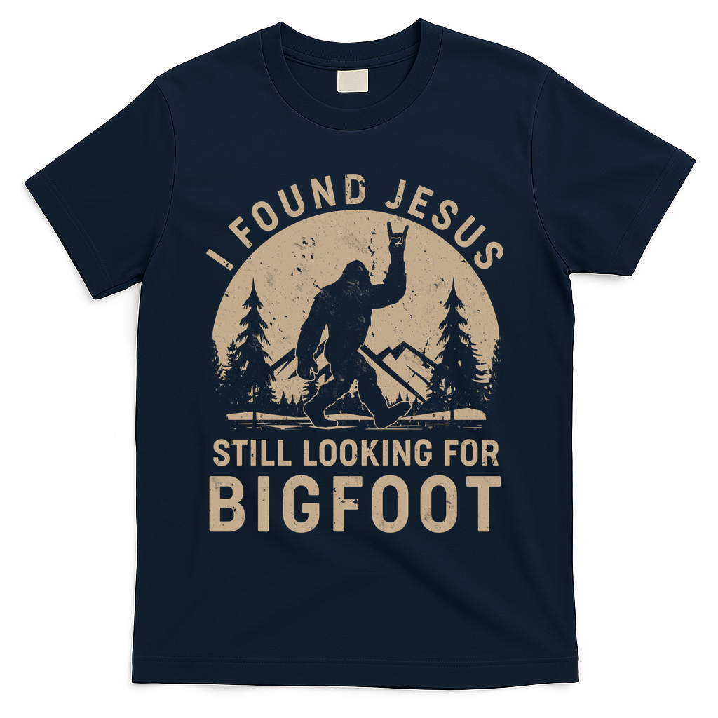 Vintage I Found Jesus Still Looking For Bigfoot T-Shirt - Navy