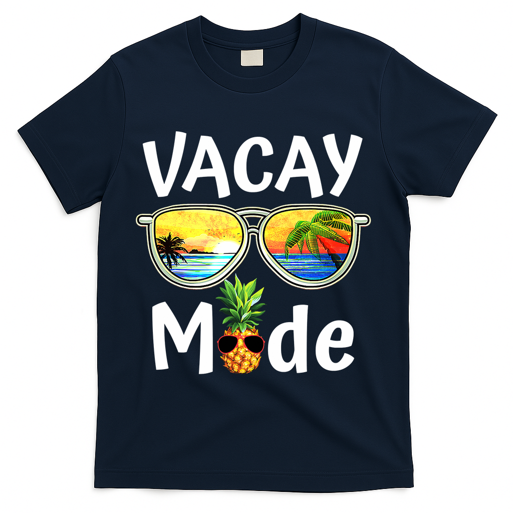 Vacay Mode Family Vacation Summer Sunglasses Beach Pineapple T-Shirt - Navy