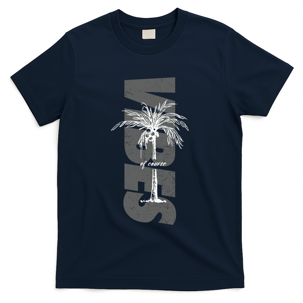 Vibes Of Course Summer Palm Tree Vintage T-Shirt - Navy