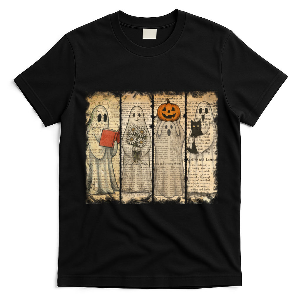 Vintage Oldpaper Ghost Halloween T-Shirt - Black