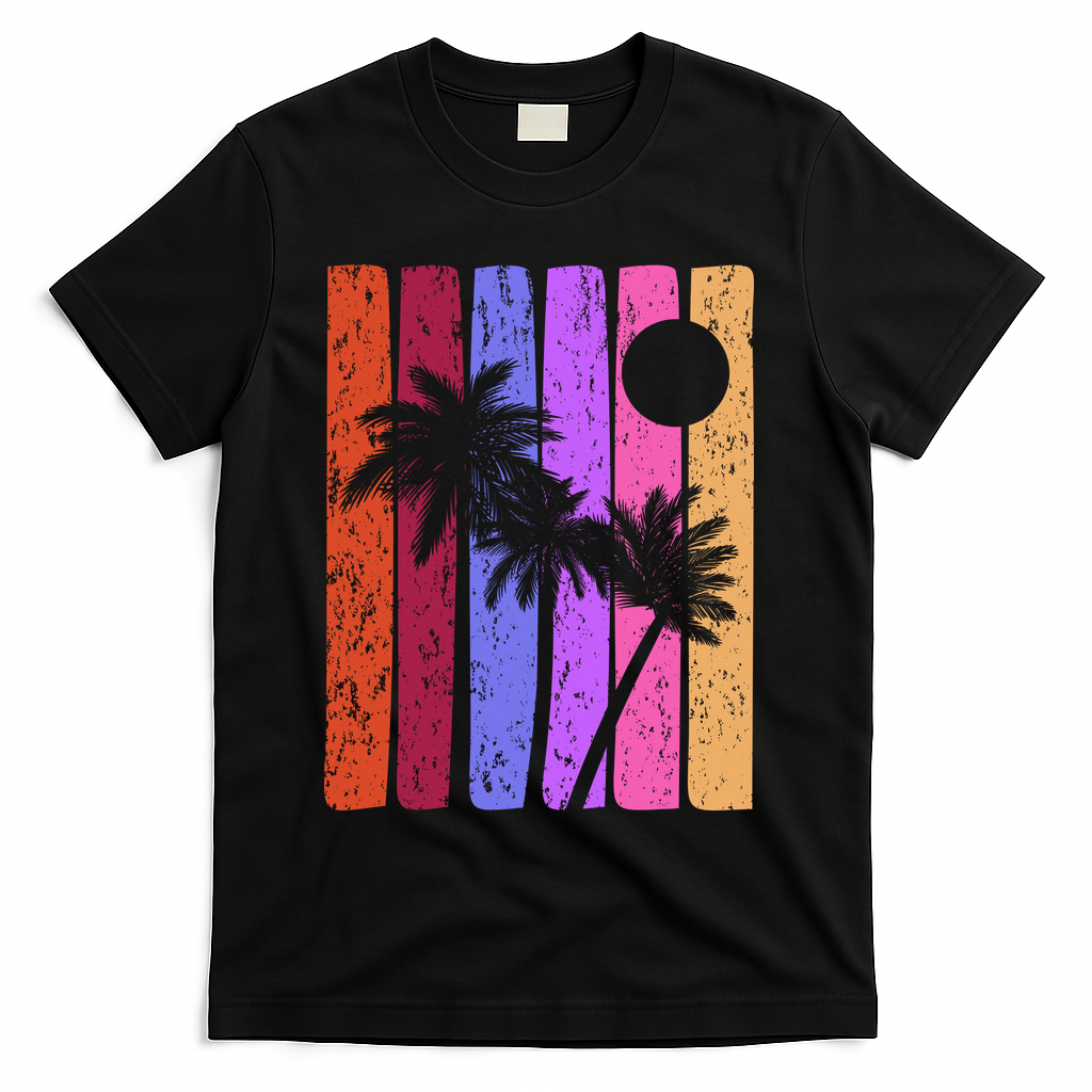 Vintage Palm Tree Retro Summer Vacation Beach T-Shirt - Black