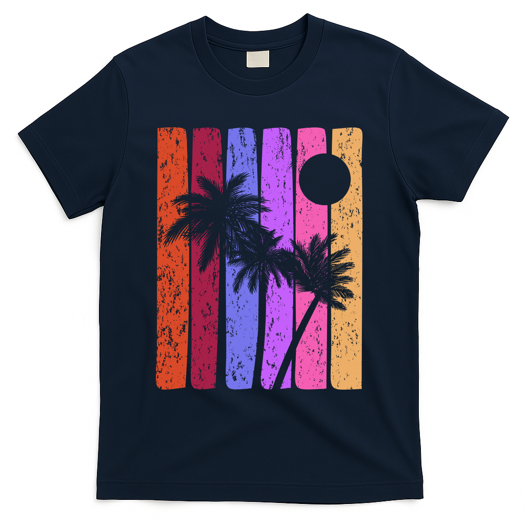 Vintage Palm Tree Retro Summer Vacation Beach T-Shirt - Navy