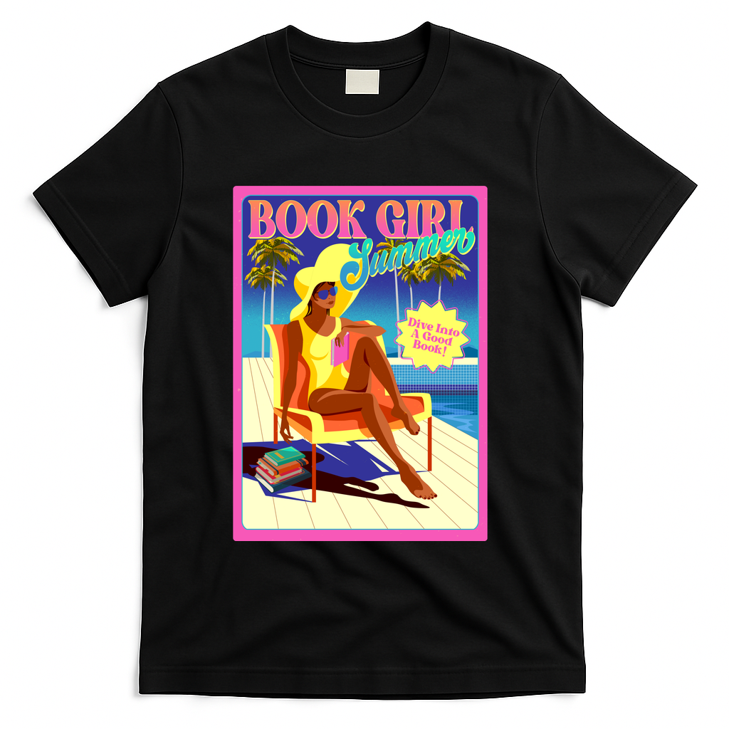 Vintage Retro Book Girl Summer Poster T-Shirt - Black