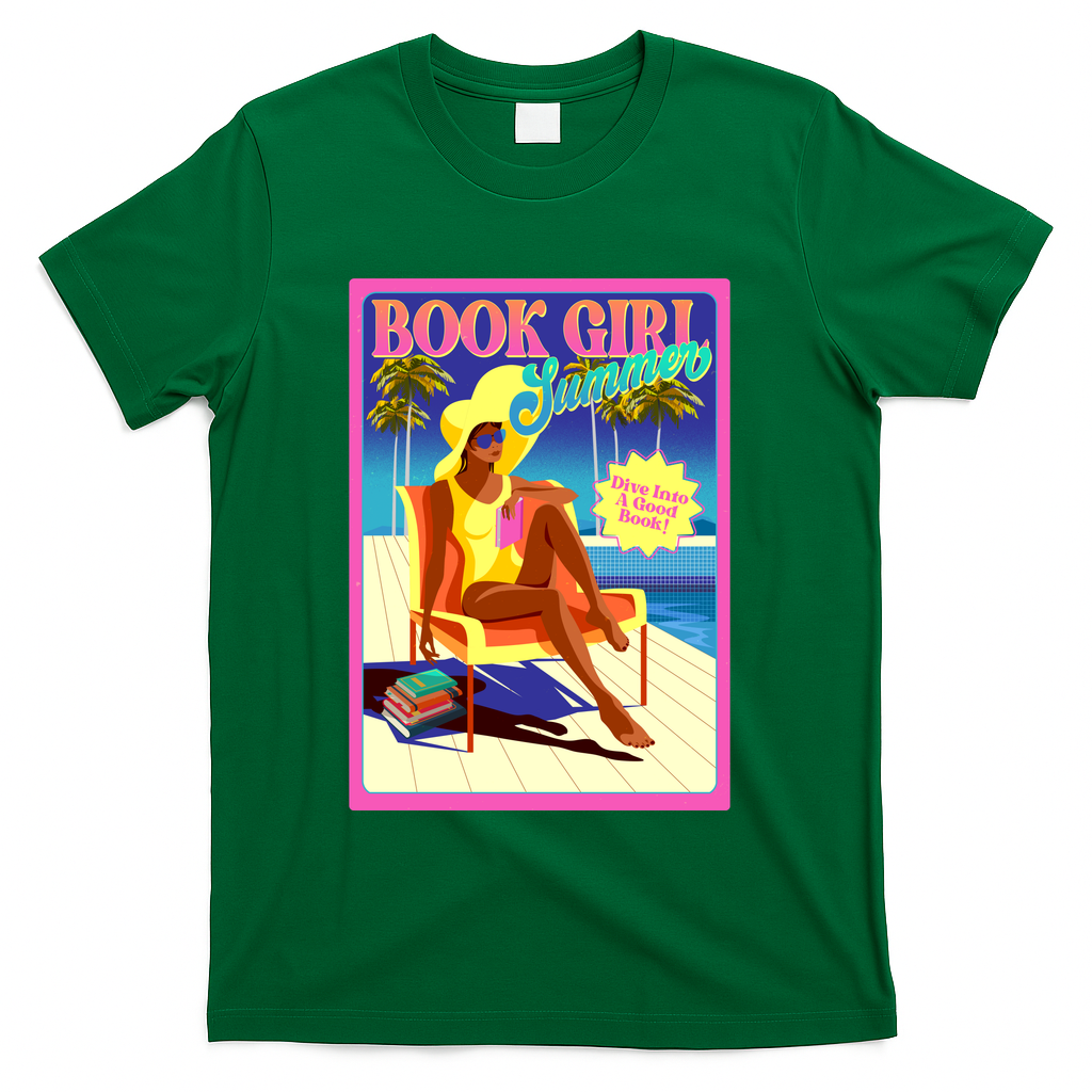 Vintage Retro Book Girl Summer Poster T-Shirt - Green
