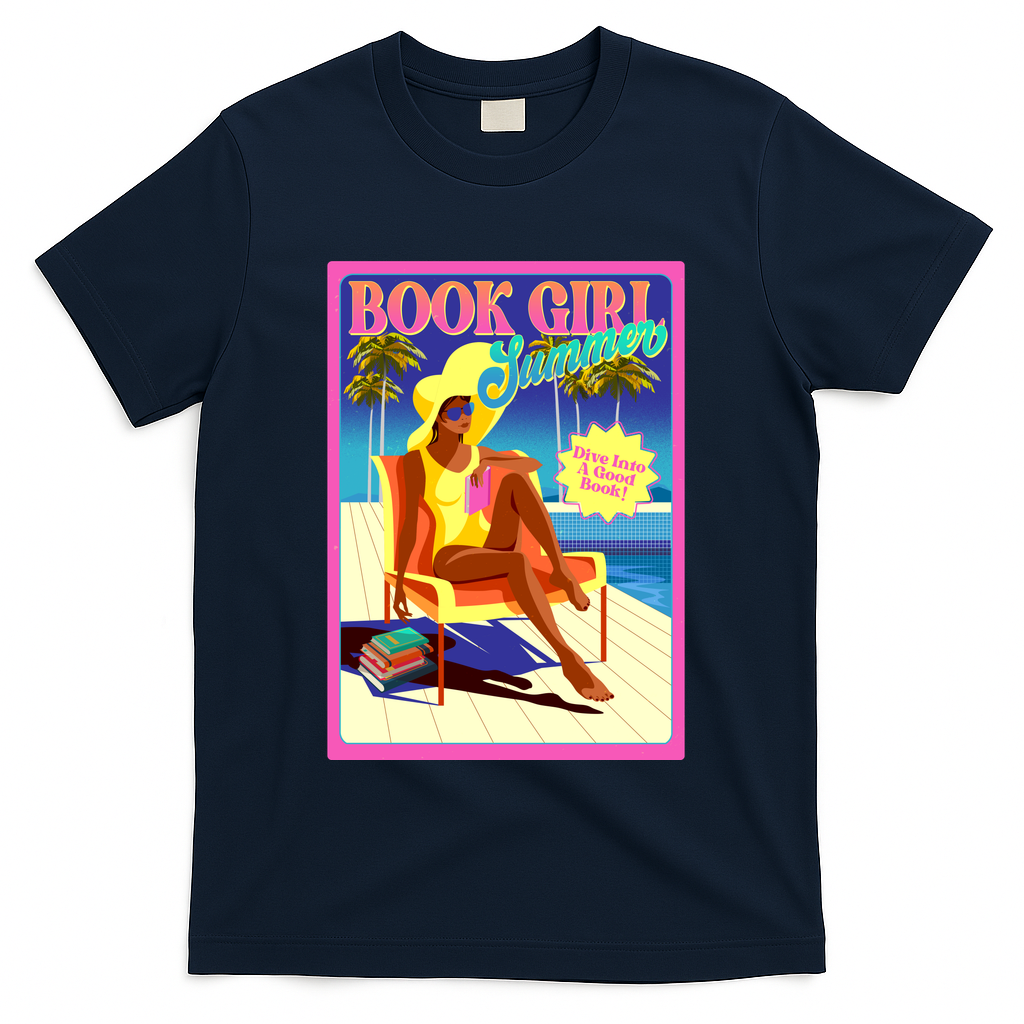 Vintage Retro Book Girl Summer Poster T-Shirt - Navy