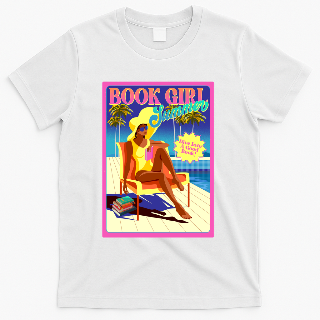 Vintage Retro Book Girl Summer Poster T-Shirt - White