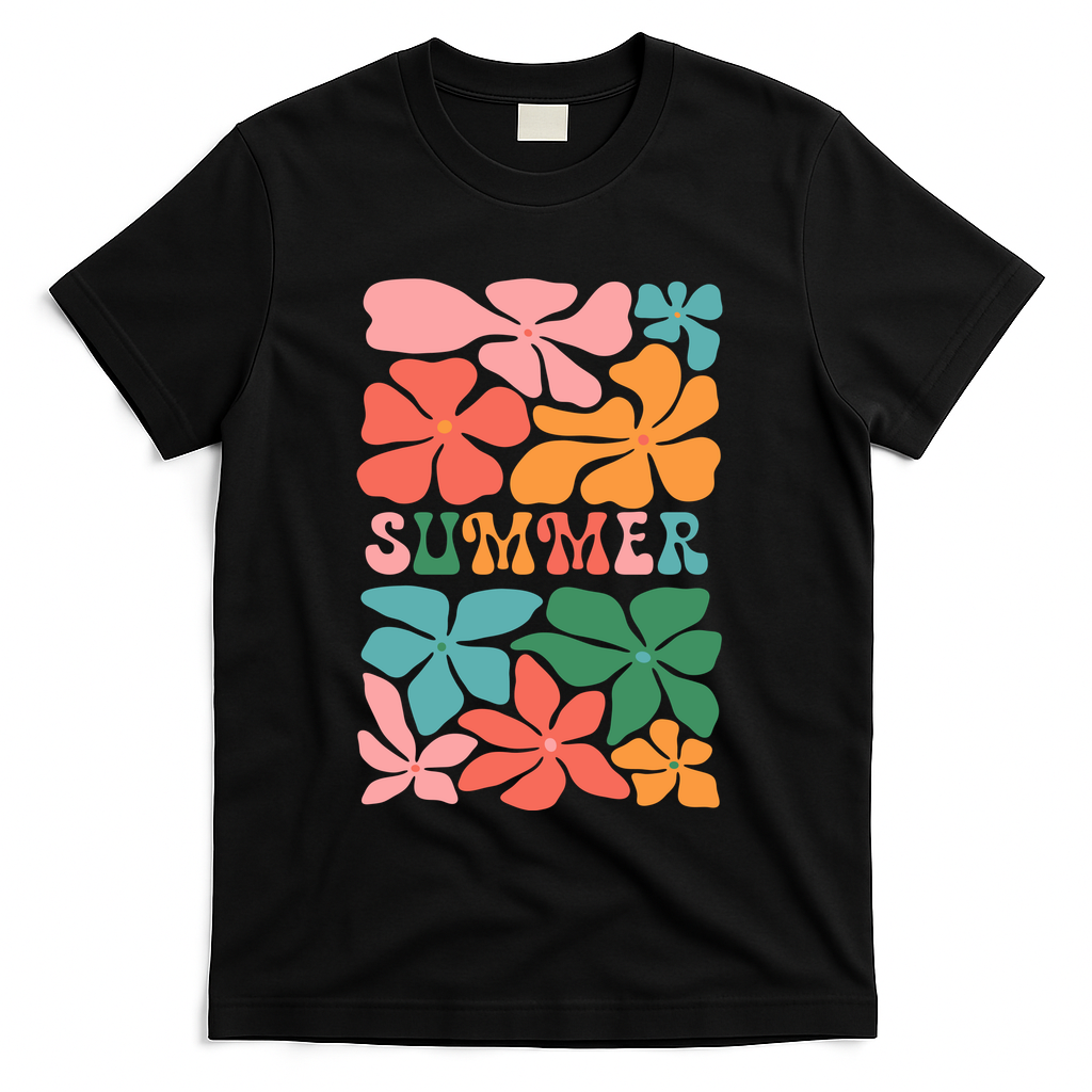 Vintage Retro Floral Summer T-Shirt - Black