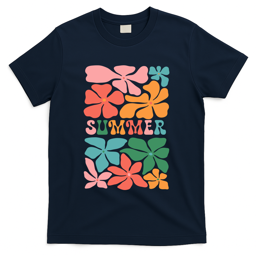 Vintage Retro Floral Summer T-Shirt - Navy