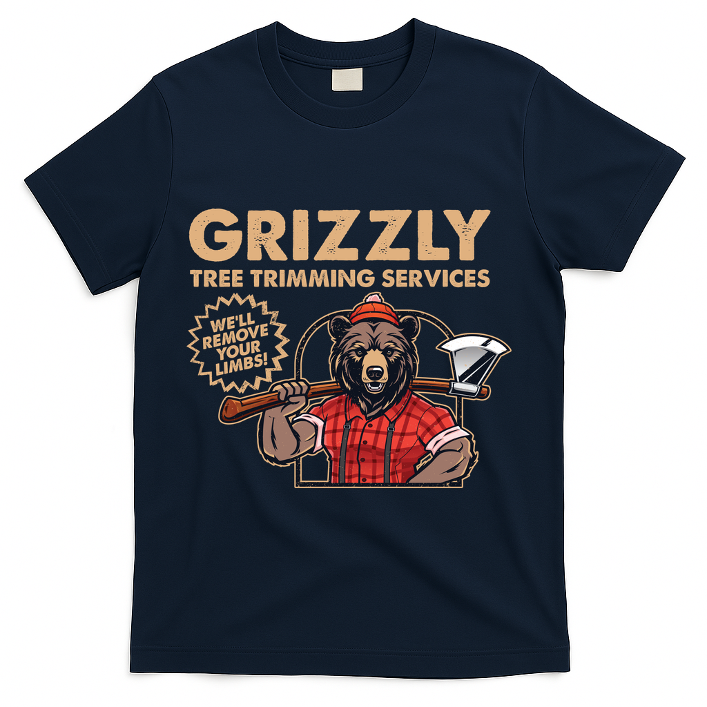 Vintage Retro Grizzly Tree Trimming Services We'll Remove Your Limbs T-Shirt - Navy