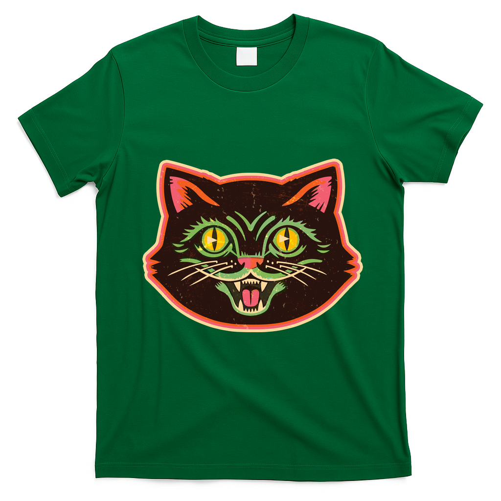 Vintage Retro Halloween Cat Face T-Shirt - Irish Green