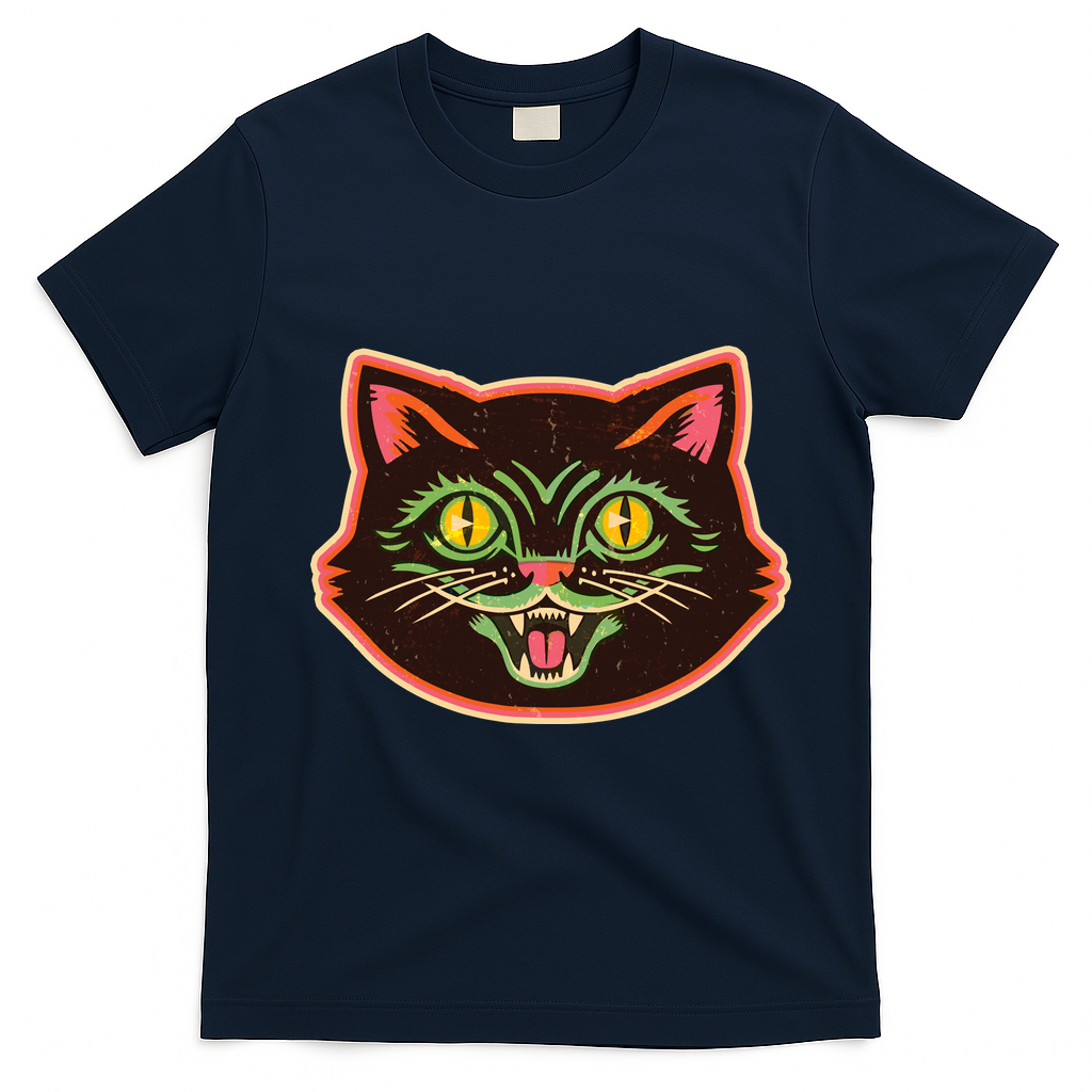 Vintage Retro Halloween Cat Face T-Shirt - Navy Blue