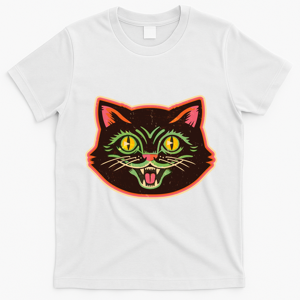 Vintage Retro Halloween Cat Face T-Shirt - White