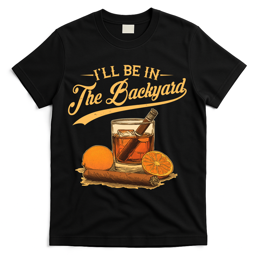 Vintage Retro I'll Be In The Backyard Bourbon Cigars Oranges T-Shirt - Black