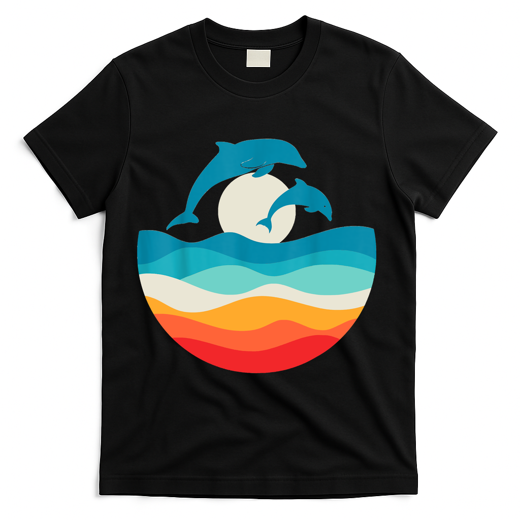 Vintage Retro Summer Time Beach Dolphin T-Shirt - Black