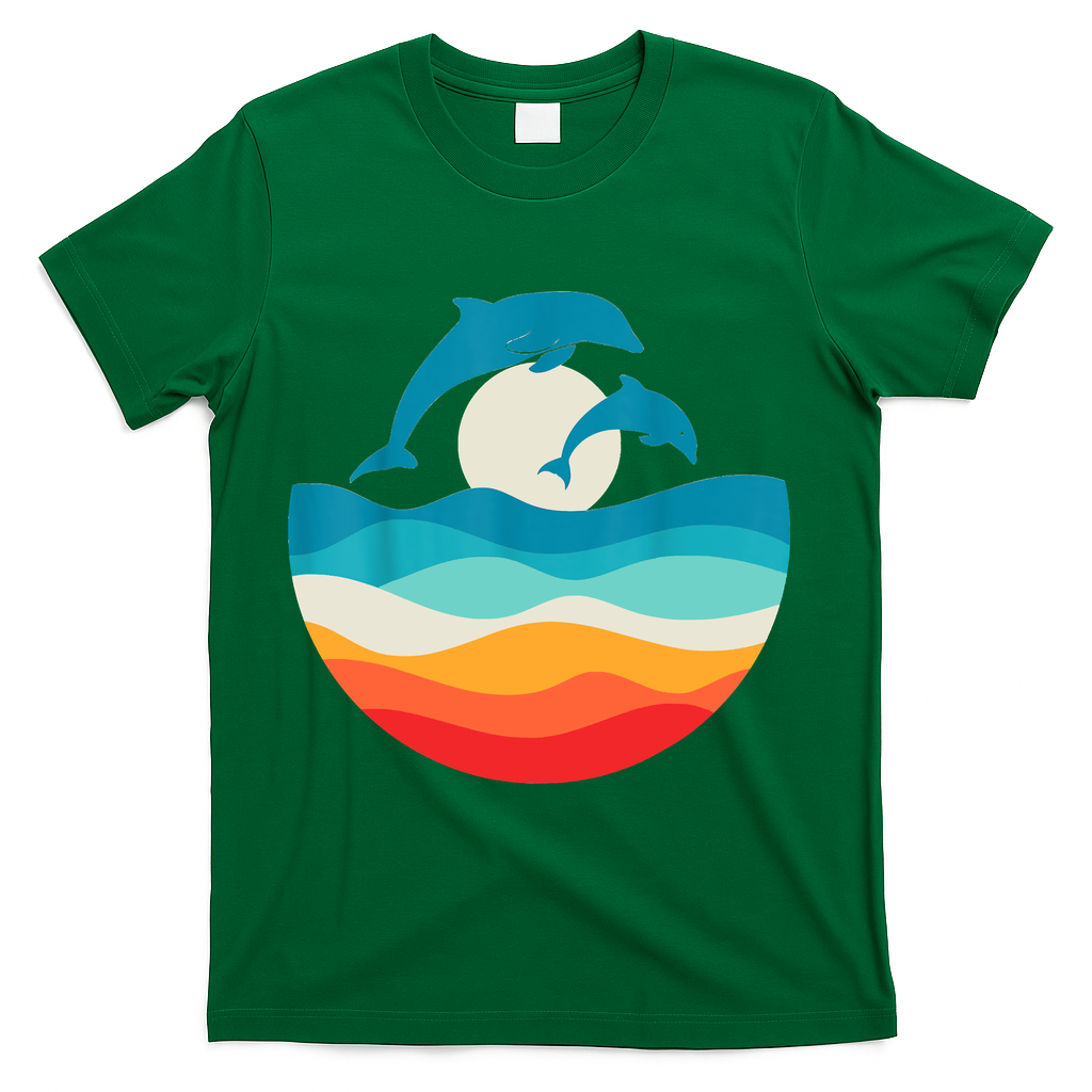 Vintage Retro Summer Time Beach Dolphin T-Shirt - Green