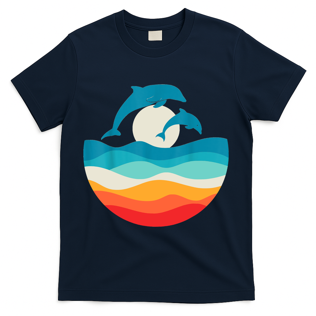Vintage Retro Summer Time Beach Dolphin T-Shirt - Navy