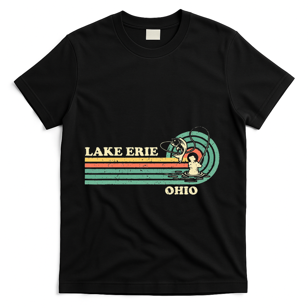 Vintage Retro Summer Fishing Ohio Erie Lake T-Shirt - Black