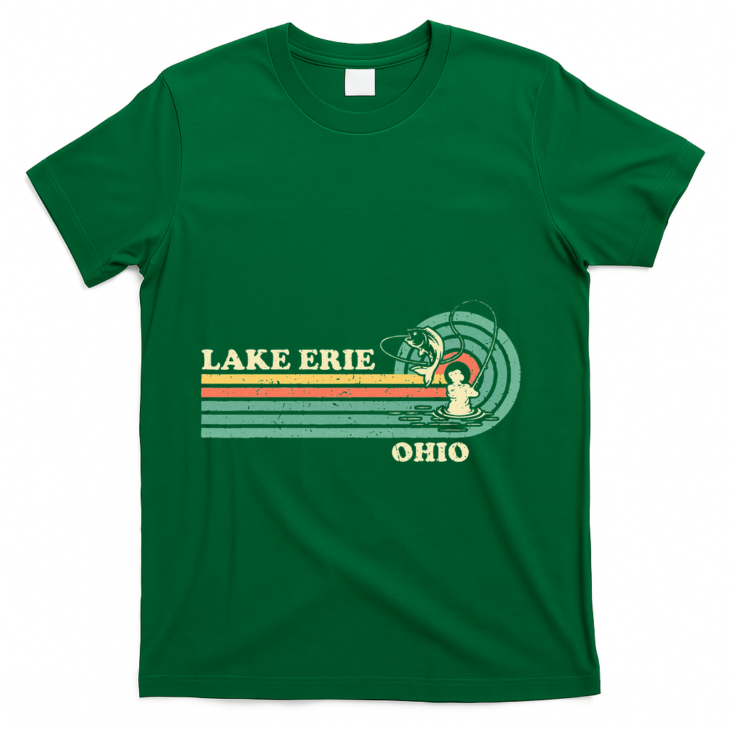 Vintage Retro Summer Fishing Ohio Erie Lake T-Shirt - Green
