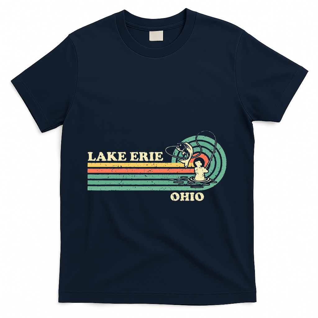 Vintage Retro Summer Fishing Ohio Erie Lake T-Shirt - Navy