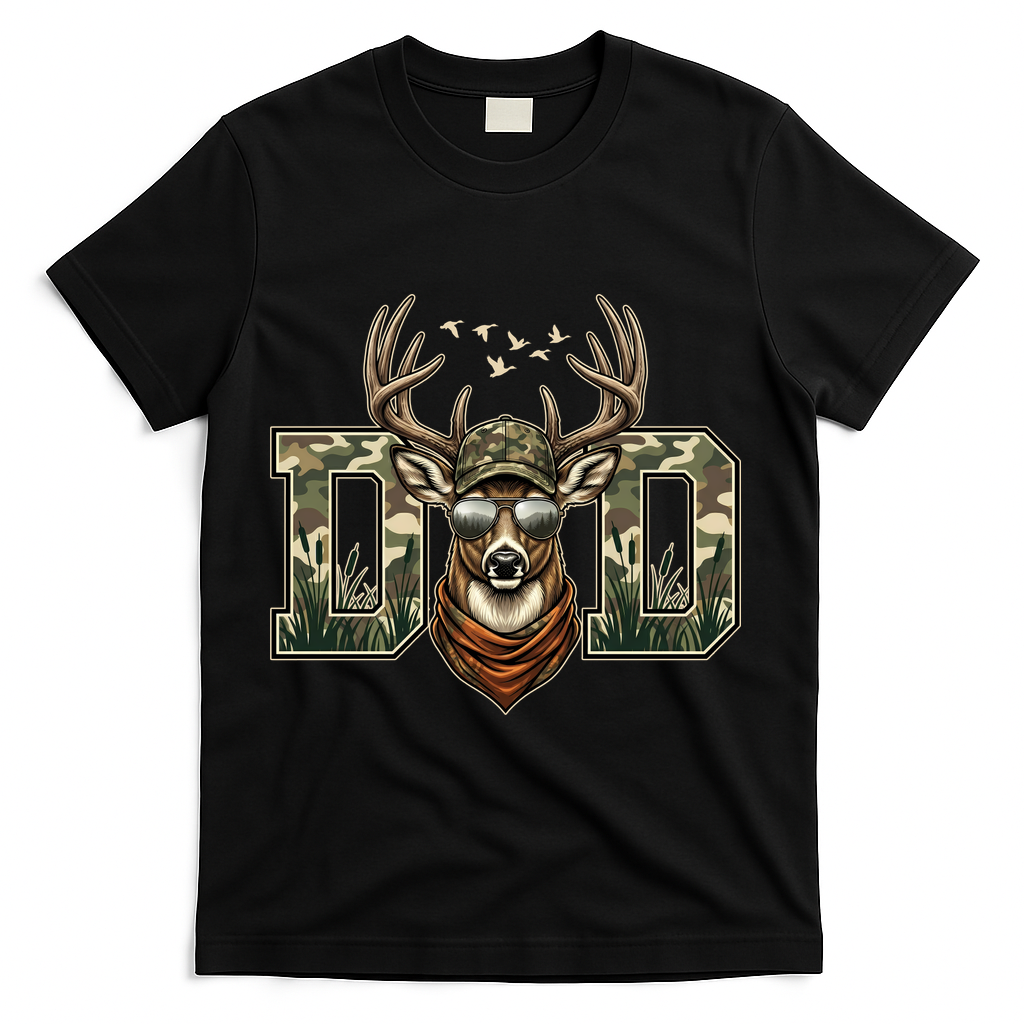 Varsity Style Camo Dad Deer Buck Hunter Fathers Day T-Shirt - Black